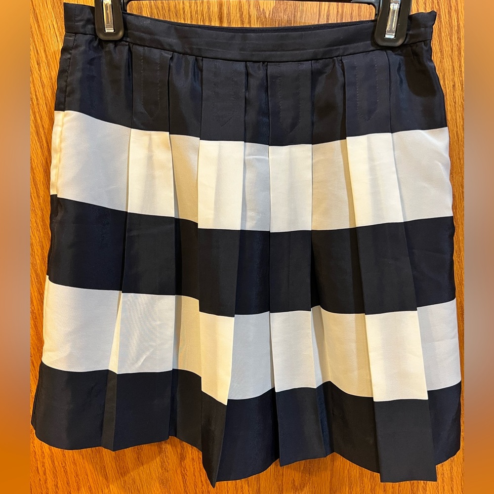 Navy and white striped J Crew pleated skirt
